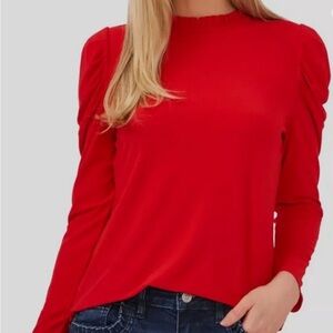 CeCe Women's Ruffle Mock Neck Long Puff Sleeve Knit Top - M, Luminous Red